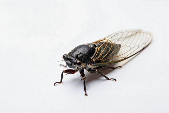 A close-up macro shot of a cicada, a winged insect, resting on a plain white background, showing its anatomical details.