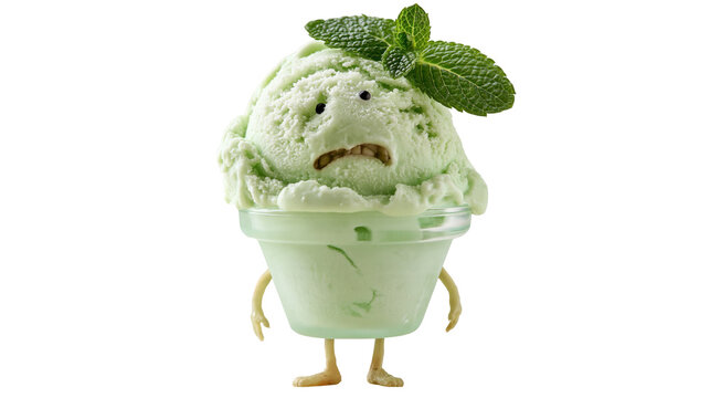 Cute mint ice cream character with sad expression standing on white background