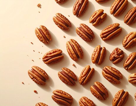 Pecan Nuts Pattern on Beige Background with Copy Space
