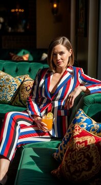 Sophisticated Woman in Bold Striped Suit Relaxing on Green Velvet Sofa with Cocktail in Luxury Lounge ideal for fashion editorials and luxury lifestyle marketing Vertical Portrait Orientation.