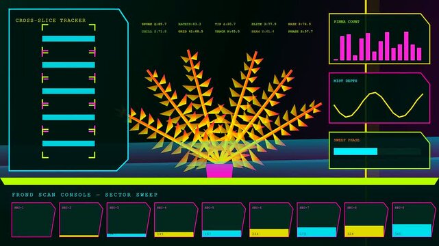 Autumn fog blanket covers digital interface panels displaying plant anatomy growth patterns with glowing yellow orange leaves and geometric data charts across multiple screens for research