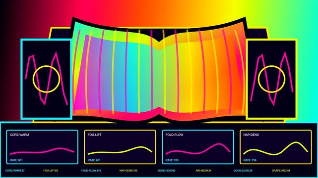An autumn fog blanket displays dynamic wave forms within a digital interface panel showcasing shifting color gradients across three distinct interactive frames for data simulation