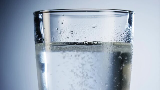Macro close up of fizzy carbonated water in clear glass with rising bubbles 60 FPS
