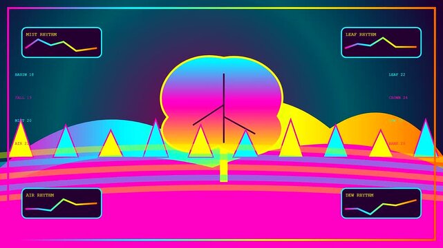 An autumn fog blanket displays rhythmic digital data metrics with vibrant neon gradient tree silhouettes shifting across a cinematic three panel software interface graphic display screen