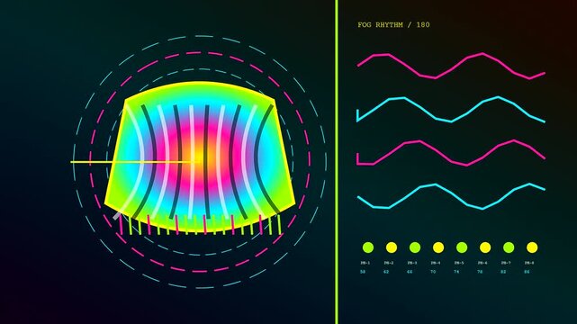 An autumn fog blanket visualizer with vibrant pulsing light patterns that reflect complex signal waves across a digital screen interface for modern scientific data analysis software