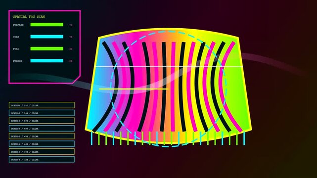 An autumn fog blanket overlay shows shifting holographic light wave patterns across a digital dashboard interface during a recurring sequence of technical data analysis observations