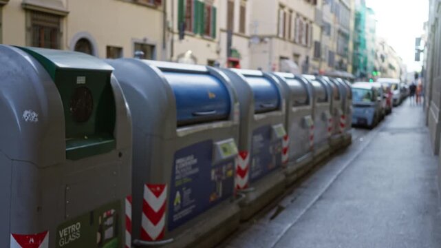 Row of garbage containers and recycling bins with soft blurred foreground and bokeh buildings along a narrow street; background backdrop copyspace backplate.