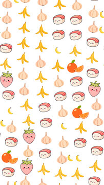 Cute food pattern with garlic, banana peels, strawberries, sushi