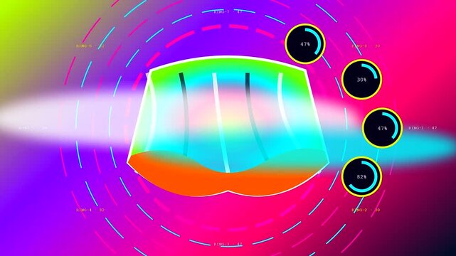 Autumn fog blanket creates a digital interface with vibrant glowing rings and abstract data structures swirling across a shifting multi colored gradient screen display area