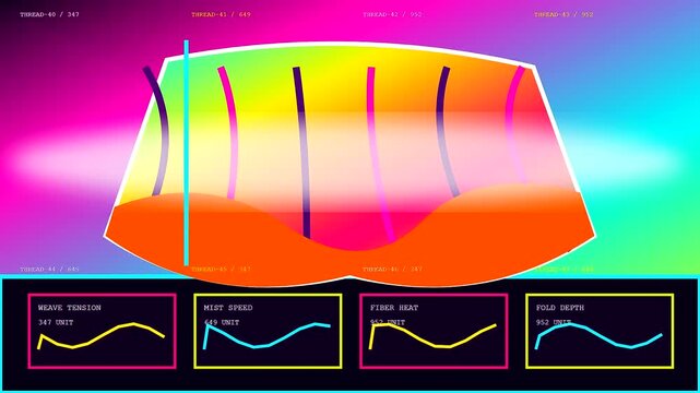An autumn fog blanket appears across three dynamic digital panels showcasing varying wave tension metrics alongside colorful gradients and glowing interface data displays for analytical monitoring