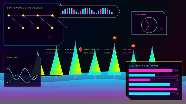 An autumn fog blanket surrounds neon triangle pine trees as glowing digital data interfaces oscillate across this immersive synthwave inspired landscape digital art motion graphics display