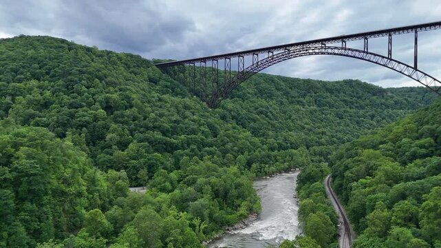 Aerial View of New River Gorge Bridge and River in West Virginia