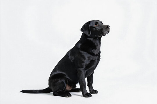A black Labrador retriever sits attentively against a plain white studio background, showing its neat posture and shiny fur.