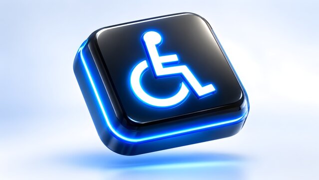 3D rendered black button with a glowing blue wheelchair accessibility icon. Concept of inclusive user interface design and digital healthcare technology.