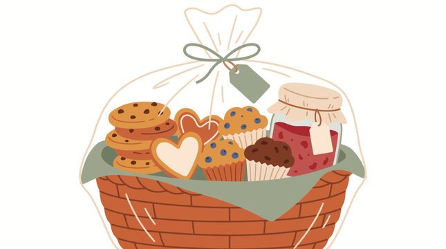 A gift basket filled with assorted cookies muffins and a jar of strawberry jam.