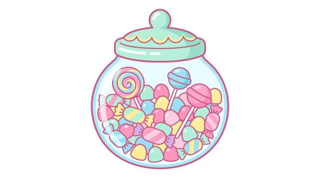 Cute cartoon illustration of a glass jar filled with colorful assorted candies and lollipops.