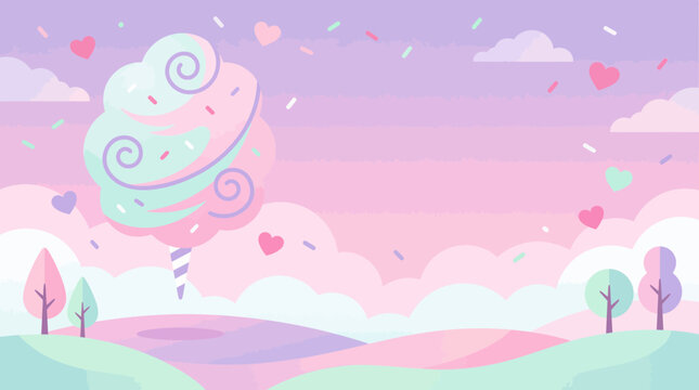 Cute pastel cotton candy landscape illustration with floating hearts and sprinkles background.