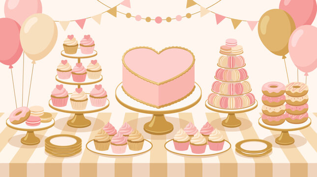 A festive dessert table with a heart shaped cake cupcakes donuts and macarons in pink and gold.