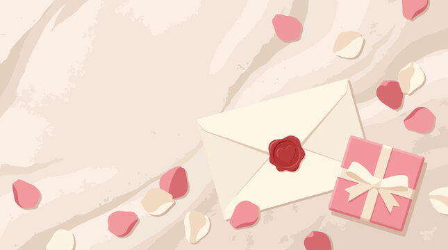 Elegant romantic background with a sealed envelope and a small gift box surrounded by scattered rose petals.