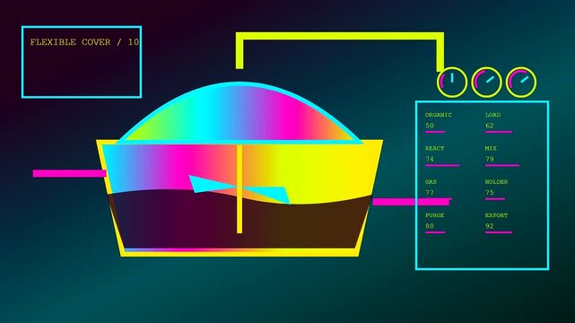 Industrial monitoring of a biogas digester unit shown through digital screens displaying fluid levels and changing metrics while cycling through stages of efficient renewable energy production
