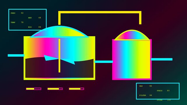 A digital biogas digester interface shows changing fluid levels and internal processing data within a neon glowing schematic display of industrial chemical tanks and monitoring systems