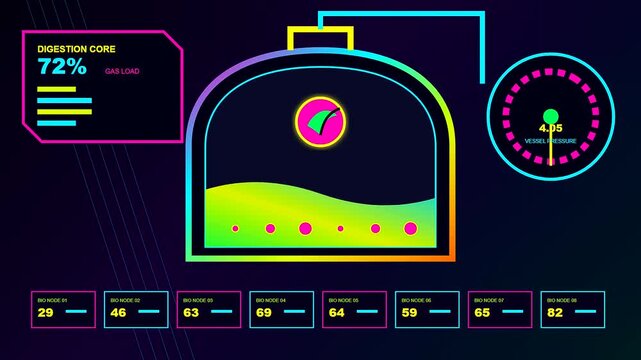 A digital biogas digester interface displays fluctuating energy levels and chemical processing metrics in a series of animated panels showing industrial chemical reactor monitoring software