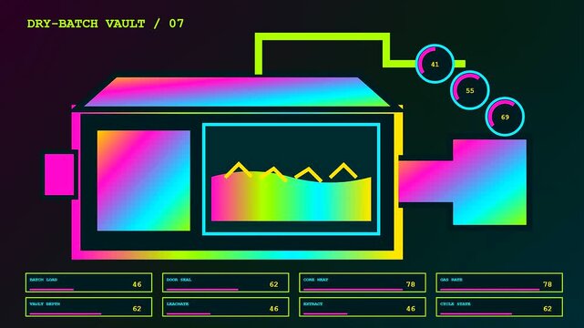 A detailed biogas digester interface monitoring system shows dynamic flow changes across three sequential panels in a modern digital display featuring vibrant gradient neon color palettes