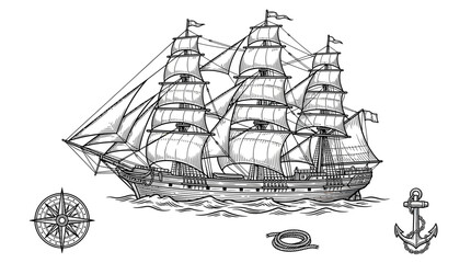 Vintage Sailing Ship Illustration with Nautical Elements © Reza
