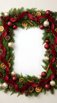 Elegant Christmas Holiday Border Frame With Red Ribbon And Ornaments