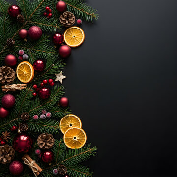 Elegant Christmas Border with Red Ornaments and Natural Pine Decor