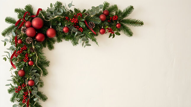 Elegant Christmas Garland Frame With Red Ornaments On White Wall