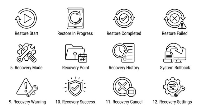 Set of linear vector icons representing data recovery and system restoration processes. Visualizes all stages from initiation, progress, success, failure, warning, and system rollback