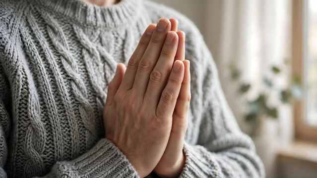 Close-up of Hands Clasped in Prayer wearing Warm Grey Knitted Cable Jumper for Hope Faith and Christian Spiritual Devotion or Mindfulness Comfort Concepts