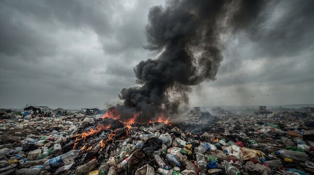 open burning of plastic waste at landfill site releasing thick black toxic smoke pollution