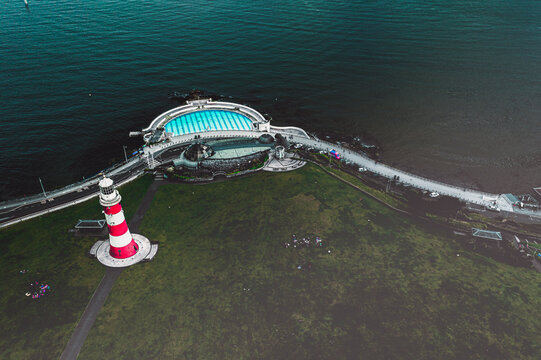 Tinside Lido and the Striped Lighthouse from Above