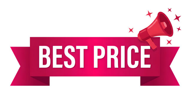 Best Price sign with megaphone speaker. Red promotional ribbon banner for sales events. Marketing announcement concept for retail campaigns. Flat graphic design element for web banners