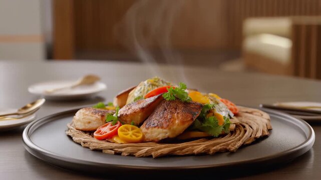 60 FPS close up of steaming pan seared fish fillet with herbs and citrus garnish on restaurant plate