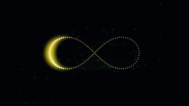 Infinite Loop of Light: An abstract infinity symbol crafted from glowing golden particles emanates from a crescent moon shape against a dark, star-speckled background.