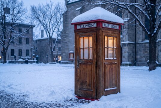 Vintage wooden telephone booth standing alone in snowy town square at blue hour. Warm light inside old phone box with snow on roof. Winter nostalgia and holiday season concept.