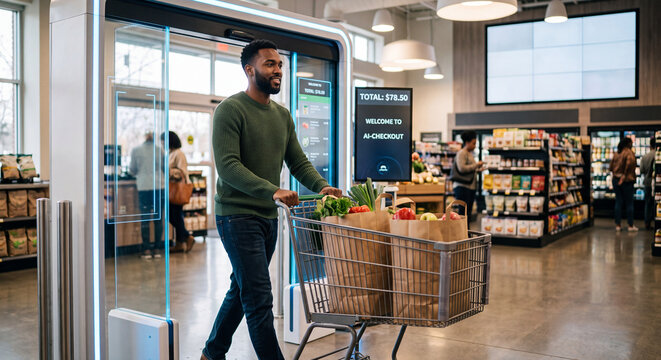 Young, good looking, black, African-American man, retail customer pushing a shopping cart through futuristic automated checkout portal. He has a variety of boxes of food and the fruits a vegetables