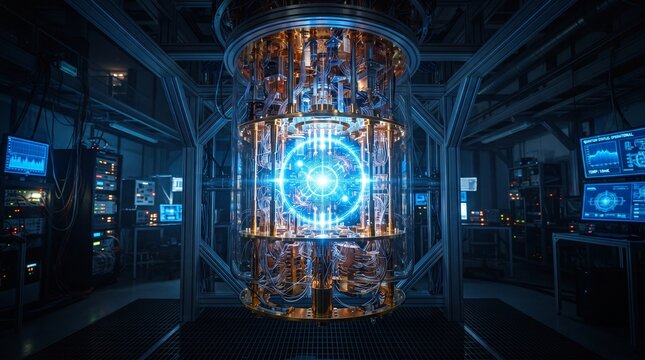glowing quantum computer core processor unit in high tech research laboratory