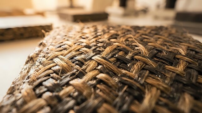 Close-up of woven natural fiber rope or twine with intricate braided texture