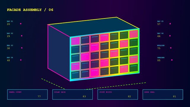 A digital bim modeling interface showing structural facade assembly shifts with changing numerical metrics presented in a dynamic grid layout for architectural software analysis and engineering