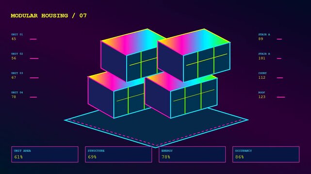 Bim modeling software displays digital modular housing units within a three part animated interface showing evolving architectural data metrics and isometric building structures on a dark screen