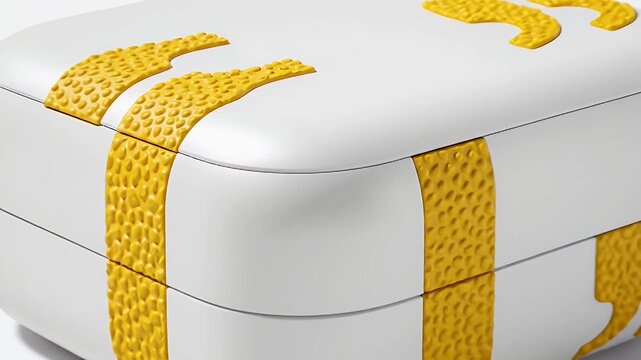 Luxurious white rounded storage box wrapped with a bright yellow woven strap and decorative corner accents