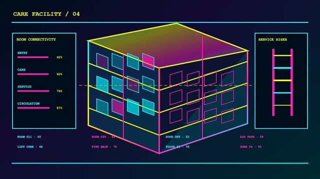Architectural floor plans showing bim modeling data and structural design analytics evolving through a digital interface display with glowing neon wireframe grids and geometric data flow