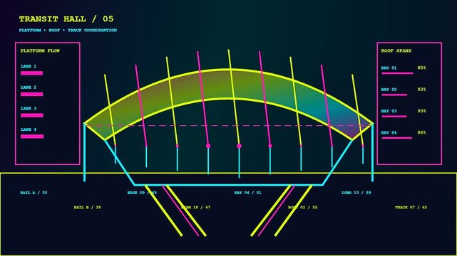 A detailed BIM modeling interface displays architectural roof spans and structural transit hall platform metrics across three sequential motion phases in a dark neon aesthetic style