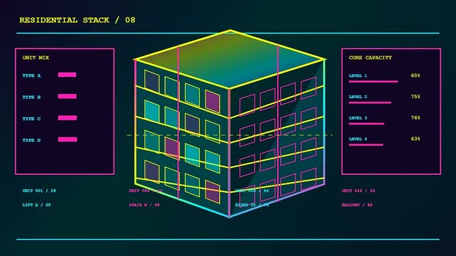 a rotating BIM modeling visual display featuring three separate building data stacks with vibrant isometric grids neon colored outlines and analytical bar charts for urban planning projects
