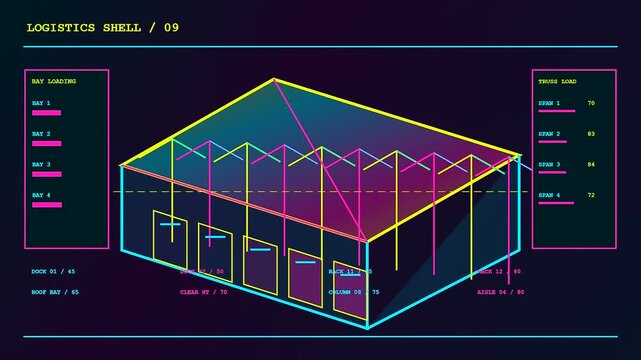 A digital bim modeling interface showing structural warehouse design layouts with glowing isometric lines and changing data metrics over a dark screen in motion graphics