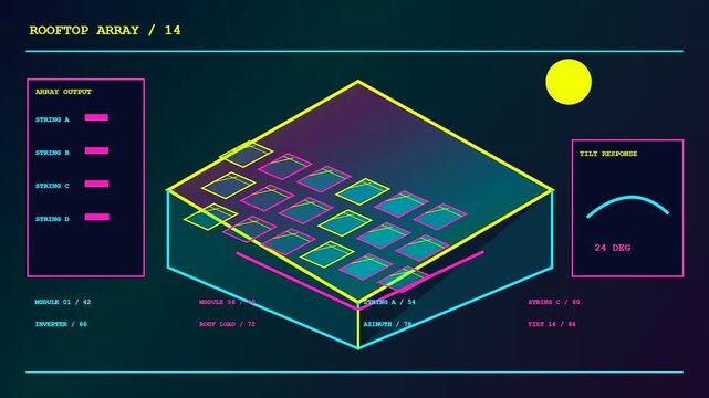 A digital bim modeling interface displays solar panel configuration on a rooftop surface with dynamic data panels and isometric blue violet lighting shifts in this professional visualization